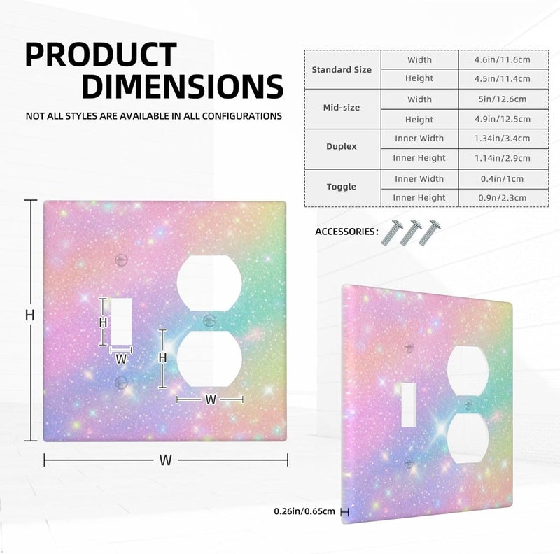 Wuyocha Decorative Light Switch Cover Plate Rainbow Shiny Gradient Colors 2 Gang Outlet Covers 1 Toggle 1 Duplex Wall Plate Decorate Electrical Switch Plate Covers for Kids Room Nursery Decor - Image 5